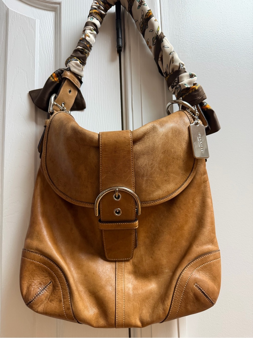 Coach Leather Soho Shoulder Bag in Warm Brown with Patterned Scarf Handle